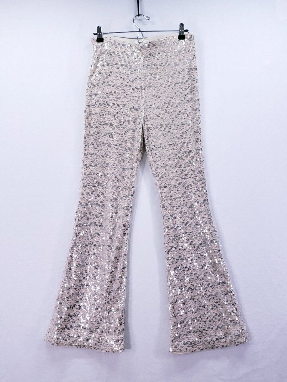 H&M Sequin Flare Pants Women Cream Size 10 Party Going Out